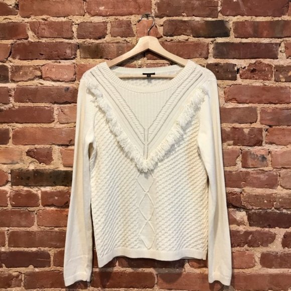 Talbots Sweaters - Talbots Ivory Fringe Yolk Cable Knit Sweater Medium Wool Blend